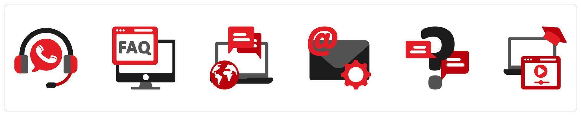 Six Customer Support Red and Black Icons as call center, faq, forum vector