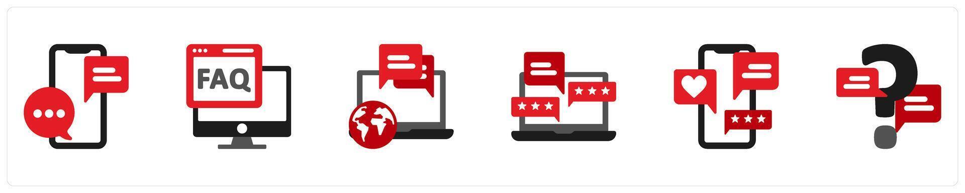 Six Customer Support Red and Black Icons as chat, faq, forum vector