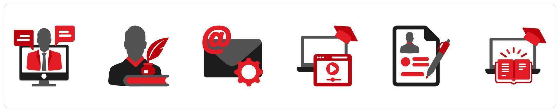 Six Customer Support Red and Black Icons as consultant, about author, email support vector