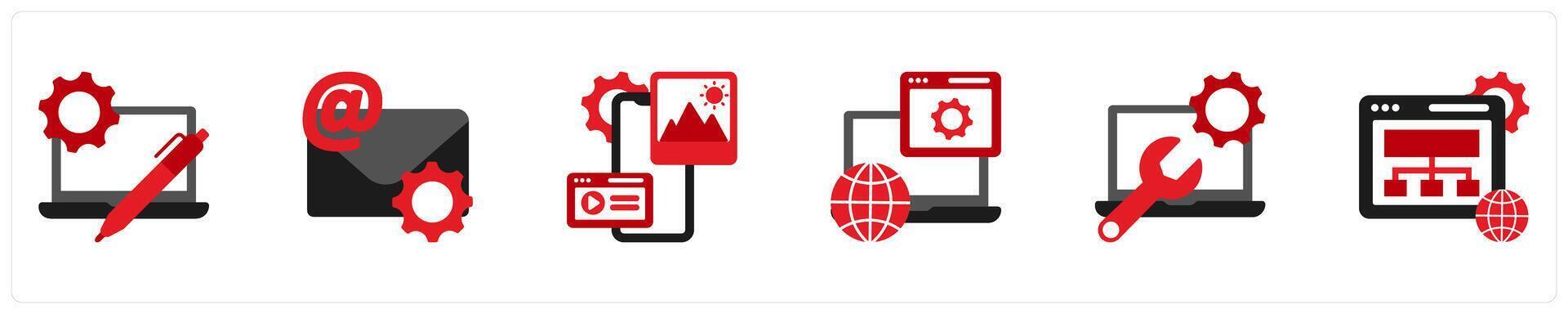 Six Technology Red and Black icons as development, email support, app developing vector