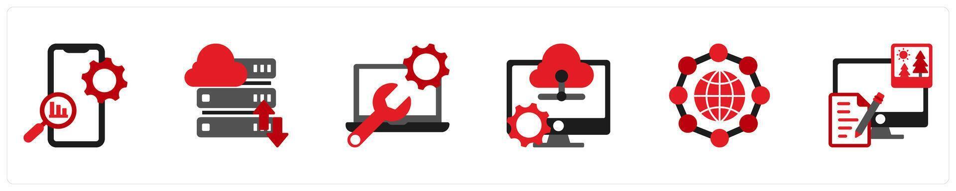 Six Technology Red and Black icons as app optimization, hosting, technical support vector
