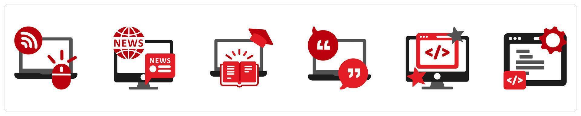 Six Technology Red and Black icons as rss, news, courses vector