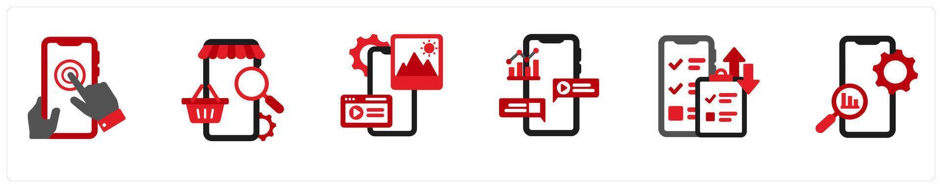 Six Technology Red and Black icons as touch screen, e commerce optimization, app developing vector