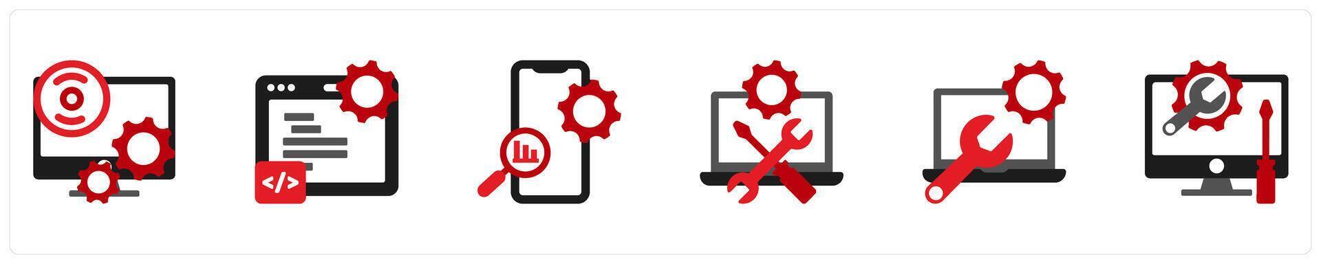 Six Technology Red and Black icons as software, programming, app optimization vector