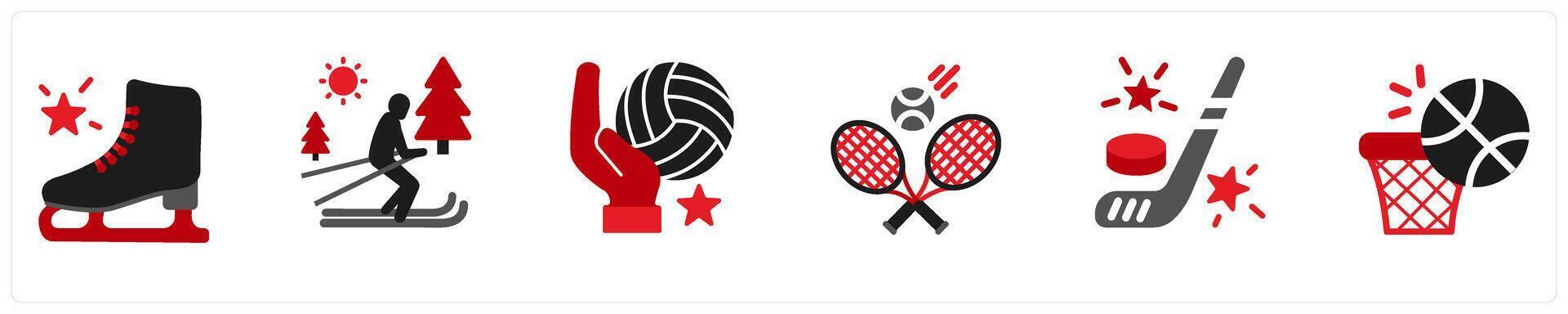 Six Sports Red and Black icons as skating, cross country skiing, volley ball vector