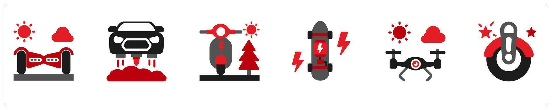 Six Technology Red and Black icons as gyroscooter, hover car, electric scooter vector