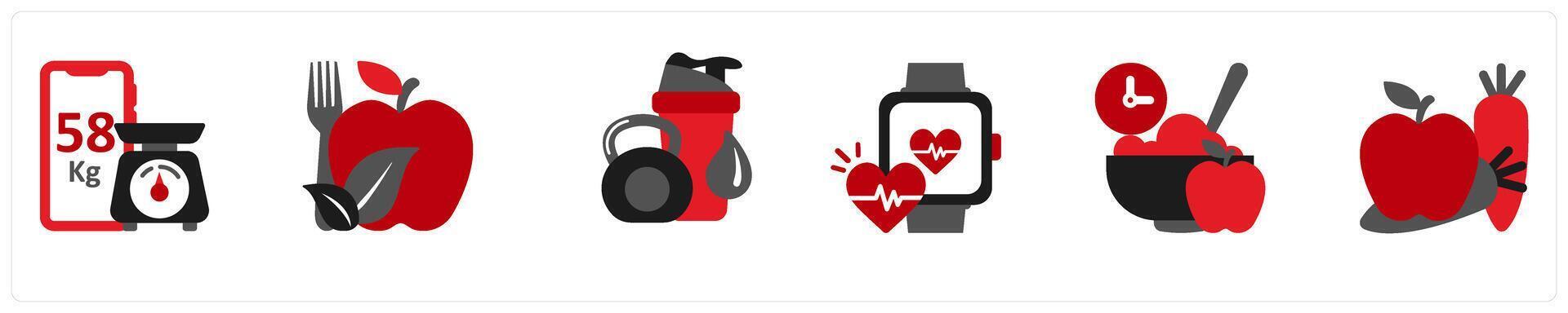 Six medical icons in red and black as smart weight, healthy food, sports shakers vector