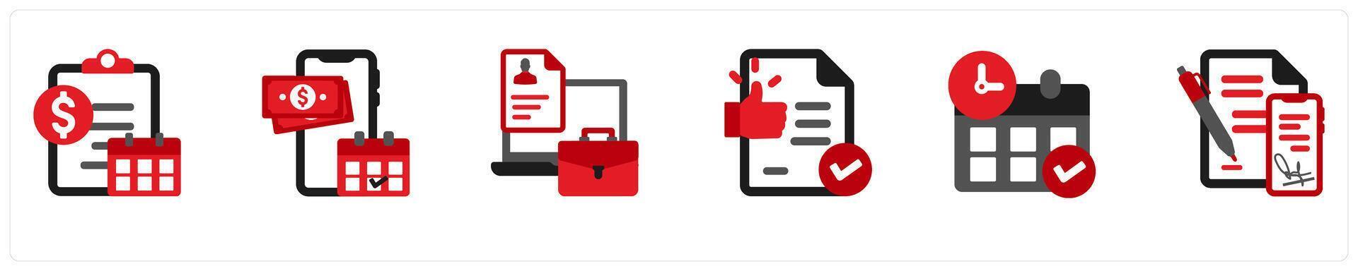 Six business icons in red and black as recurring, salary, job opening vector
