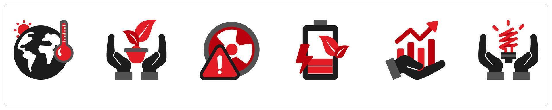 Six ecology icons in red and black as global warming, ecologist, biohazard vector