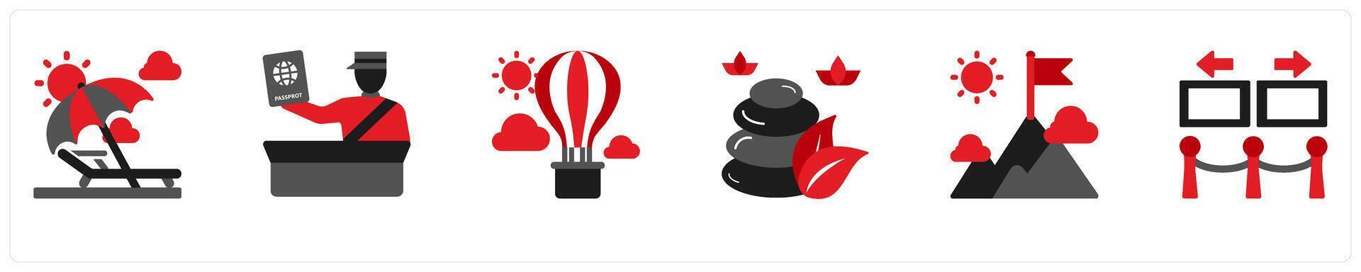 Six vacation icons in red and black as beach vacation, custom trip, extreme torism vector