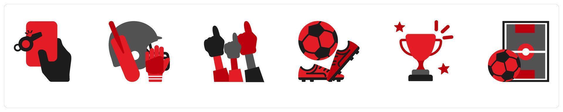 Six sports icons in red and black as refree, cricket kit, fans vector