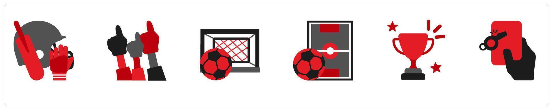Six sports icons in red and black as cricket kit, fans, goal vector