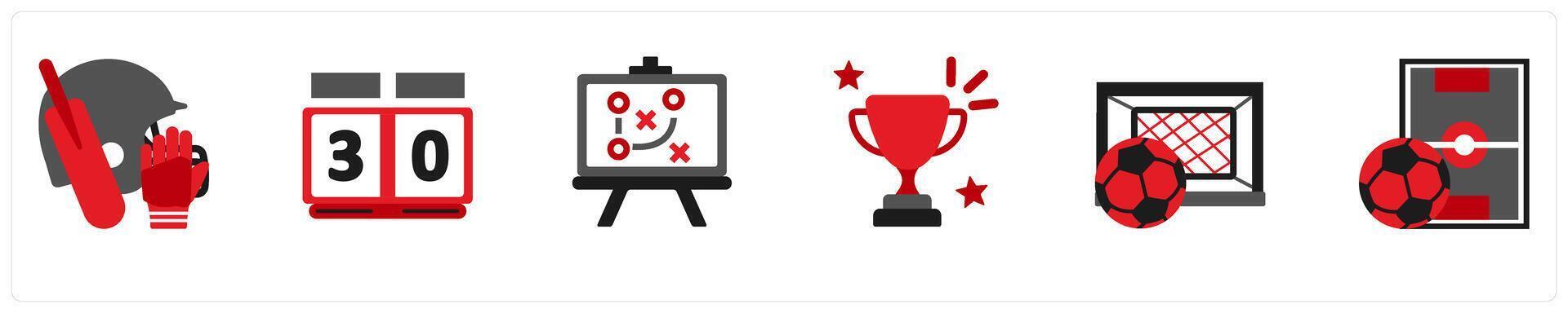 Six sports icons in red and black as cricket kit, score, strategy vector