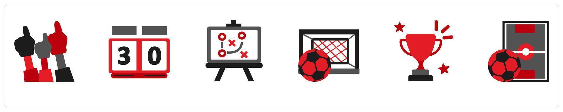 Six sports icons in red and black as fans, score, strategy vector
