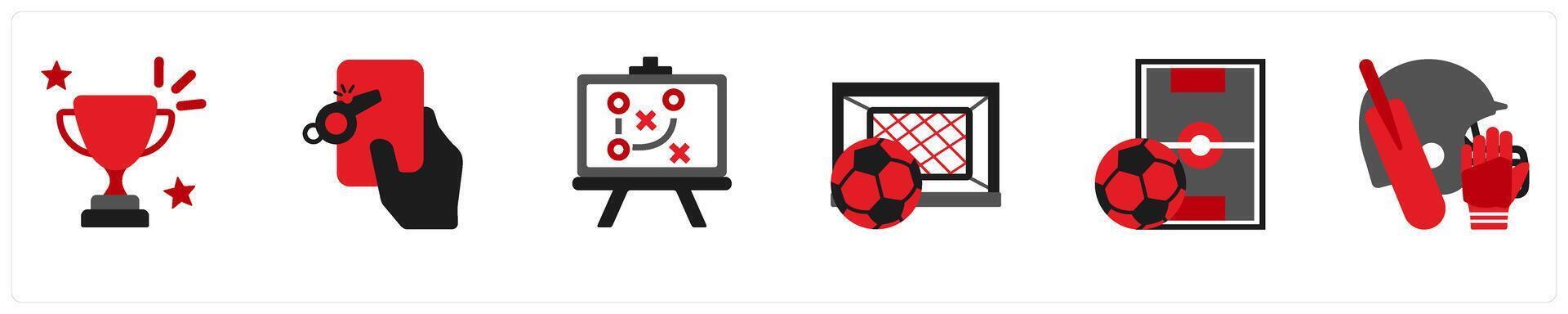 Six sports icons in red and black as cup, refree, strategy vector