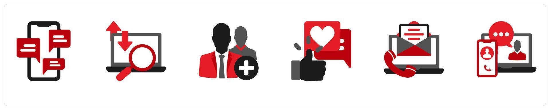 Six business icons in red and black as chat, search, add a friend vector