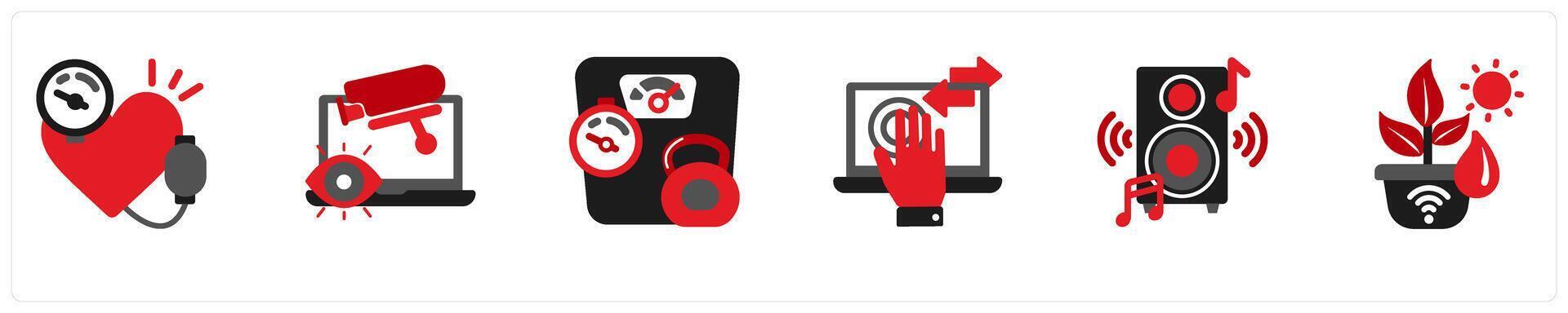 Six medical icons in red and black as blood pressure meter, cctv system vector
