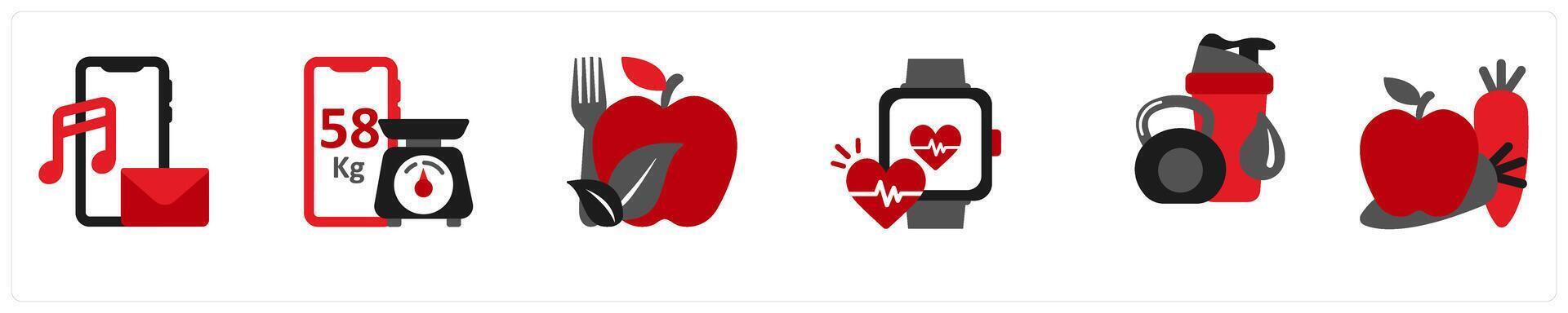 Six medical icons in red and black as training app, smart weight, healthy food vector