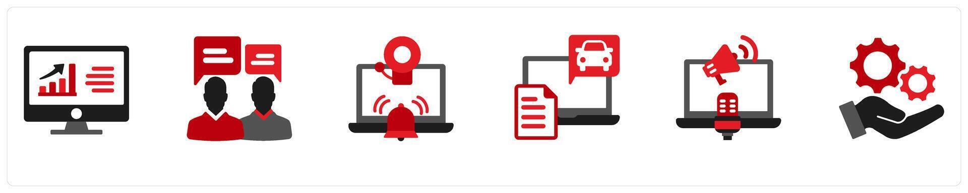 Six business icons in red and black as dash board, communication, alarm installement vector