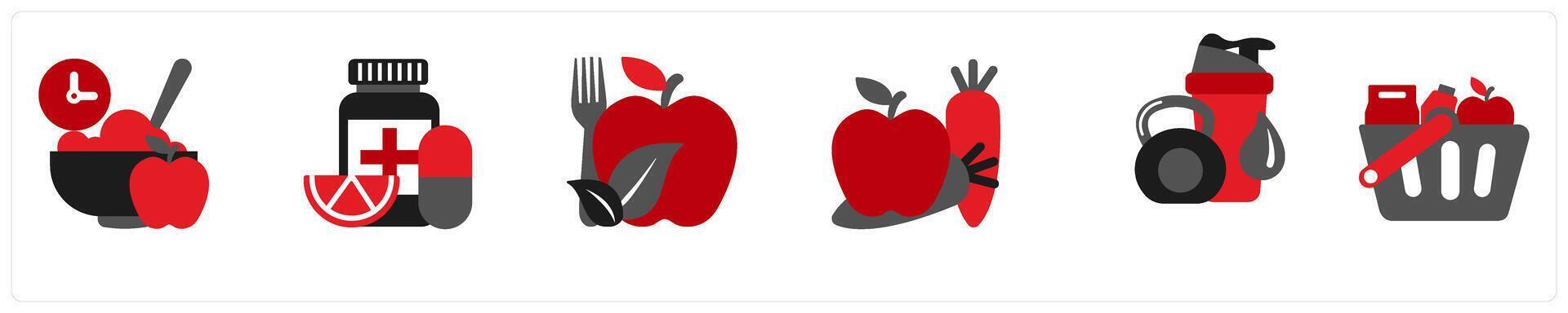 Six food icons in red and black as balanced meal, vitamins, healthy food vector