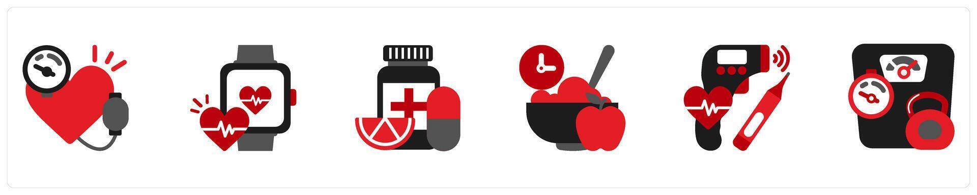 Six medical icons in red and black as blood pressure meter, pulsometer vector