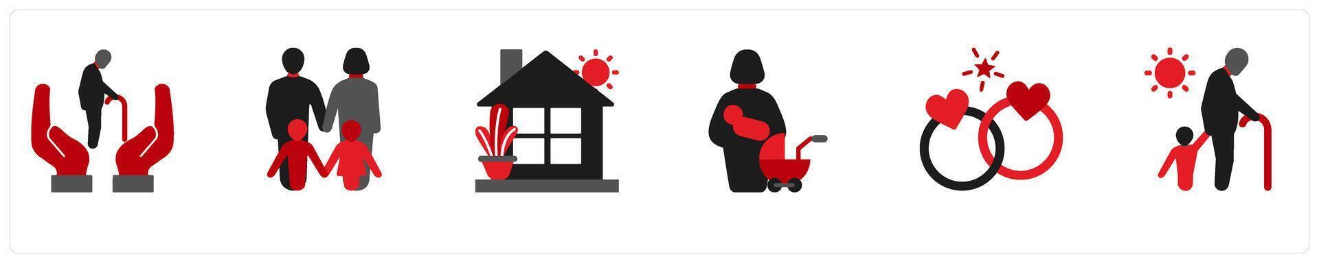 Six business icons in red and black as retirement, large family, home vector