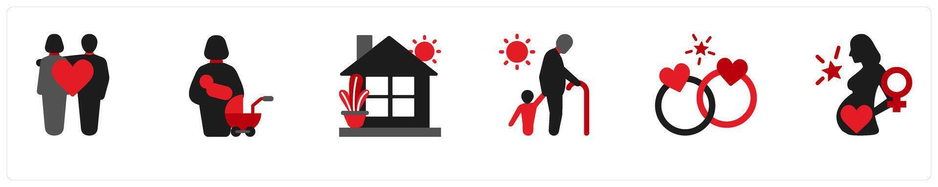 Six business icons in red and black as family, motherhood, home vector