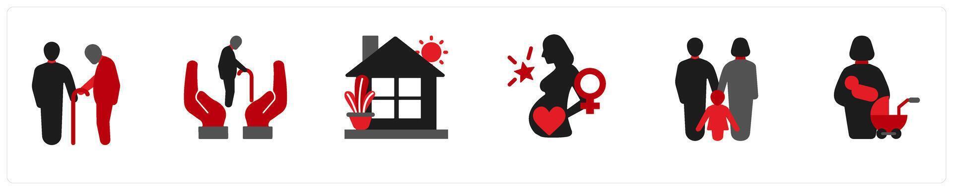 Six business icons in red and black as elderly, retirement, home vector