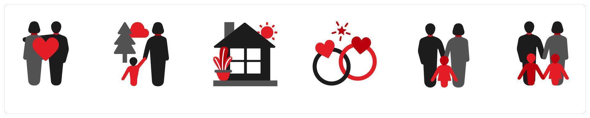 Six business icons in red and black as family, child, home vector