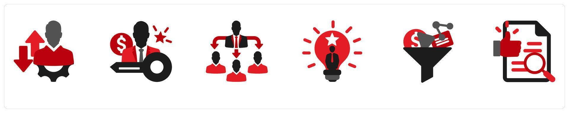 Six business icons in red and black as development direction, key person, delegating task vector