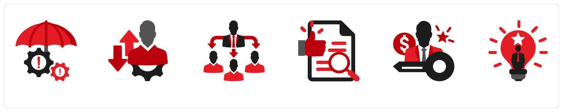 Six business icons in red and black as risk management, development direction, delegating task vector