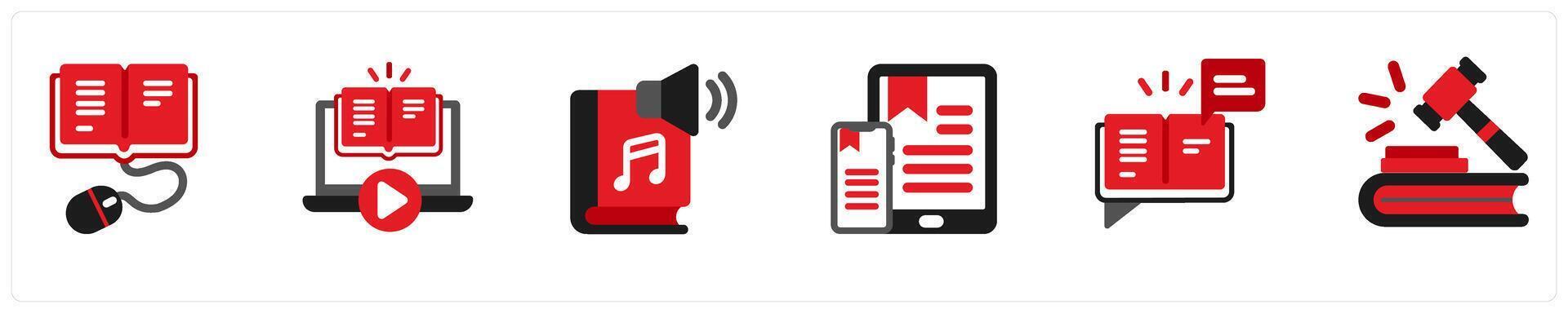 Six business icons in red and black as e books, reading online, audio books vector