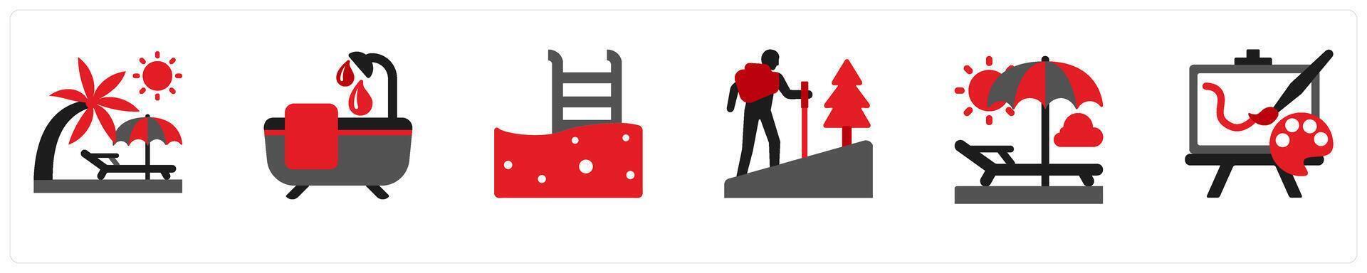 Six vacation icons in red and black as vacation, take a bath, swimming pool vector