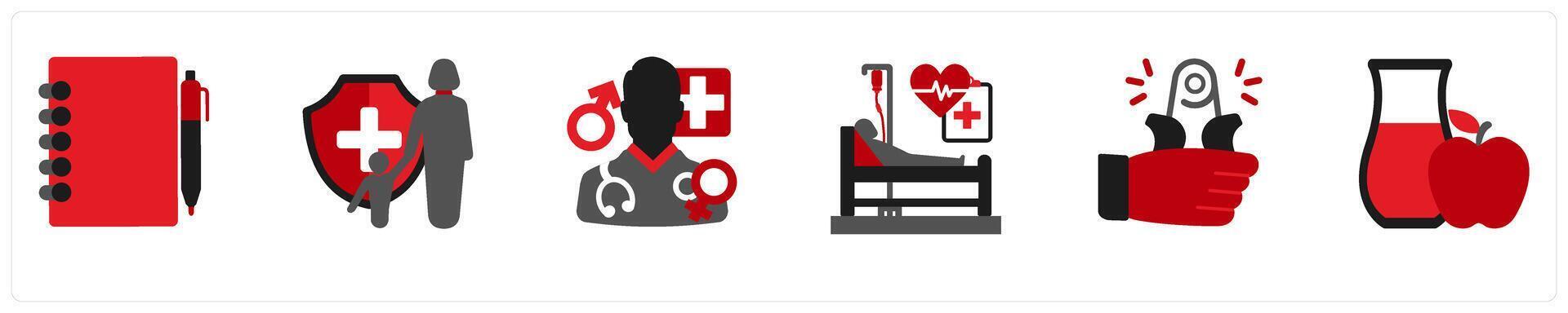 A set of 6 medical icons as diary, for children, venereologist vector