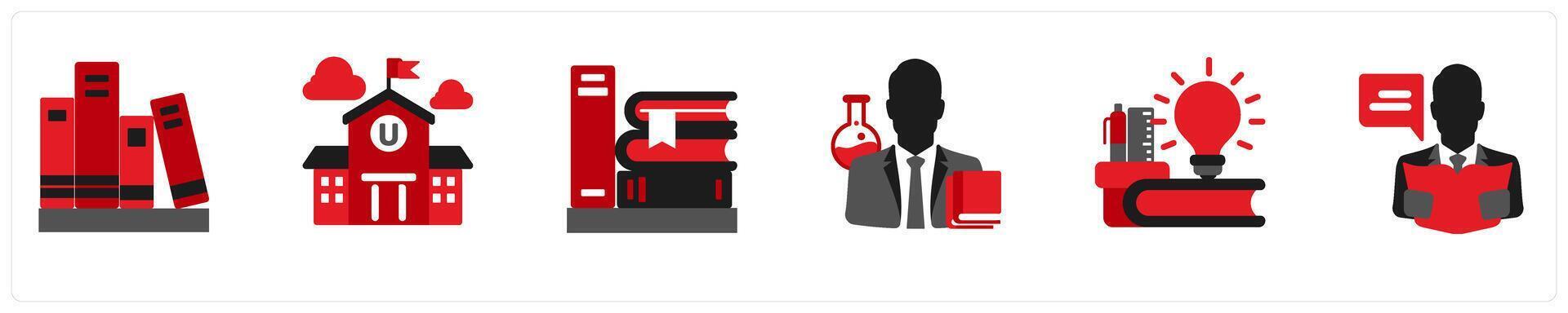 A set of 6 education icons as library, university, books vector