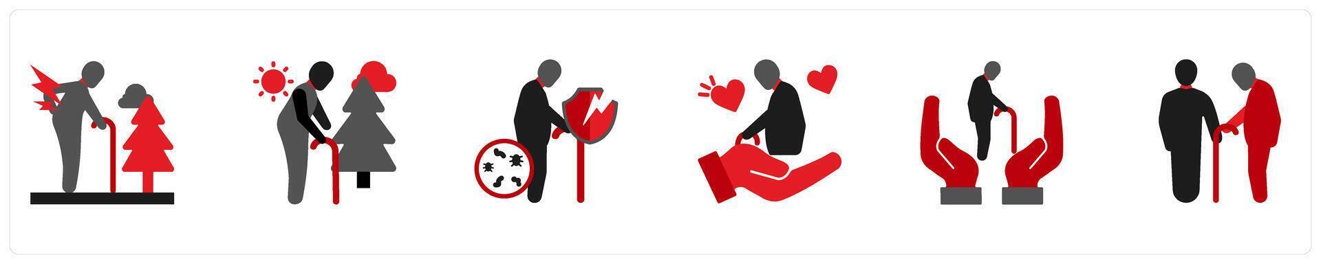 A set of 6 medical icons as backache, loneliness, week immune system vector