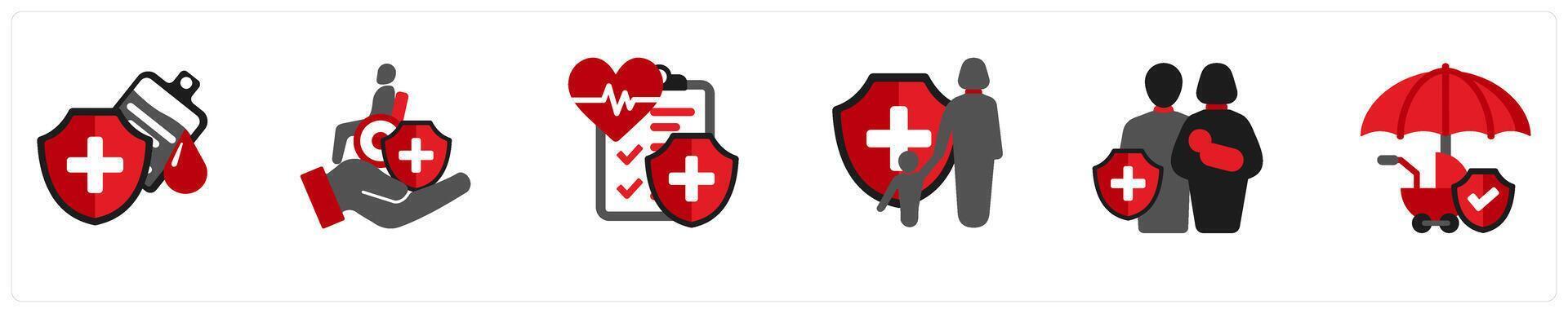 A set of 6 medical icons as critical illness insurance, invalidity insurance, insurance vector