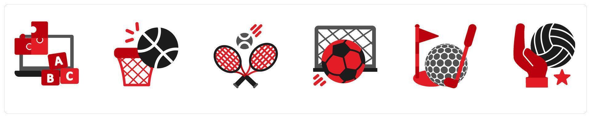 A set of 6 sports icons as learn and play, outdoor games, tennis vector