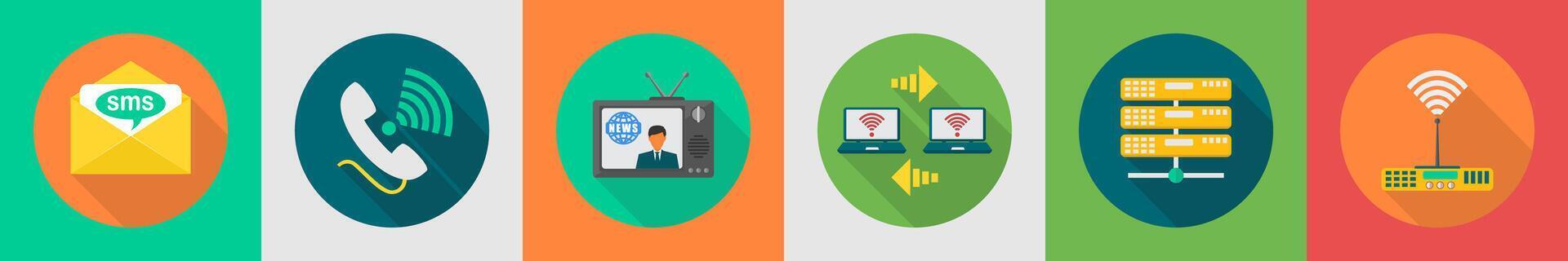 A set of 6 communication icons as message, calling, television, call vector