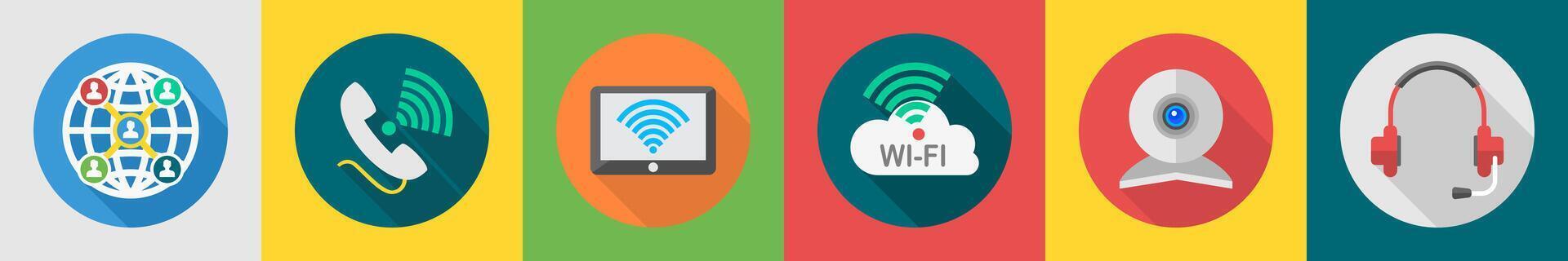 A set of 6 communication icons as global connection, calling, tablet wifi vector