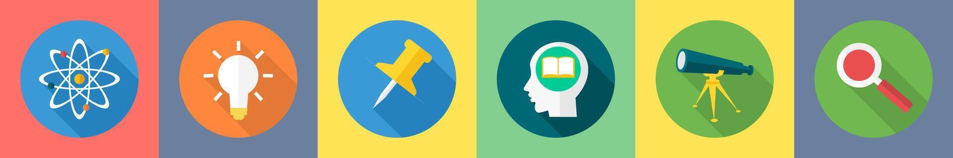 A set of 6 Education icons as atom, idea, push pin vector