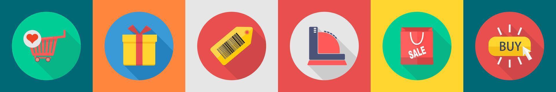 A set of 6 shopping icons as favorite cart, gift, bar code vector