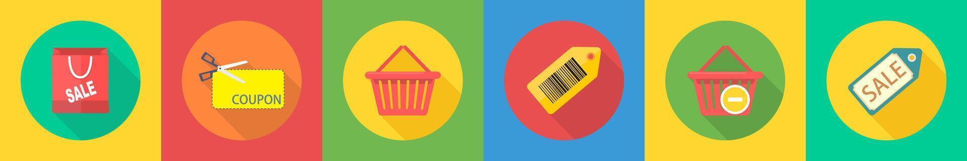 A set of 6 shopping icons as shoppimg store, coupon code, basket vector