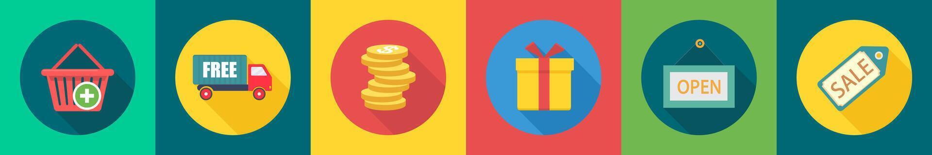 A set of 6 shopping icons as add to cart, free delivery, coins vector