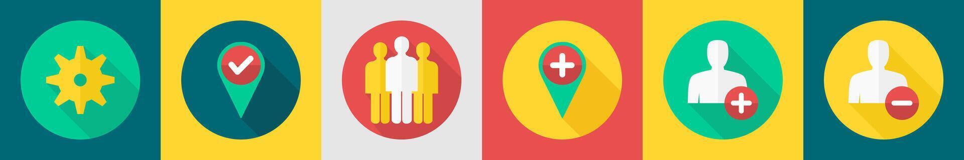 A set of 6 User interface icons as setting, right location, employees vector