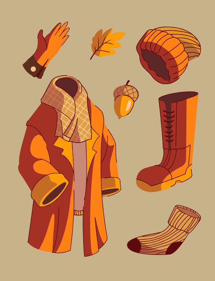 Autumn Fashion Element Set Glove Leaf Coat Boot Sock and Accorn vector