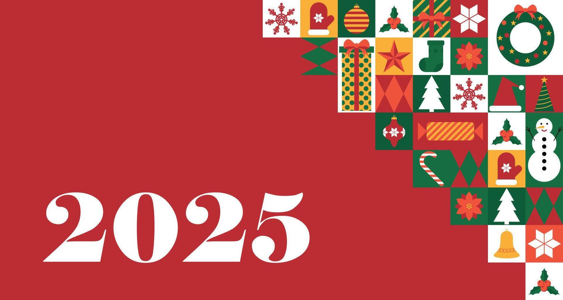 Merry Christmas and Happy New Year modern geometric banner template. Abstract 2025 holiday poster. Festive party invitation, minimalist event celebration greeting card in Bauhaus style. illustration vector