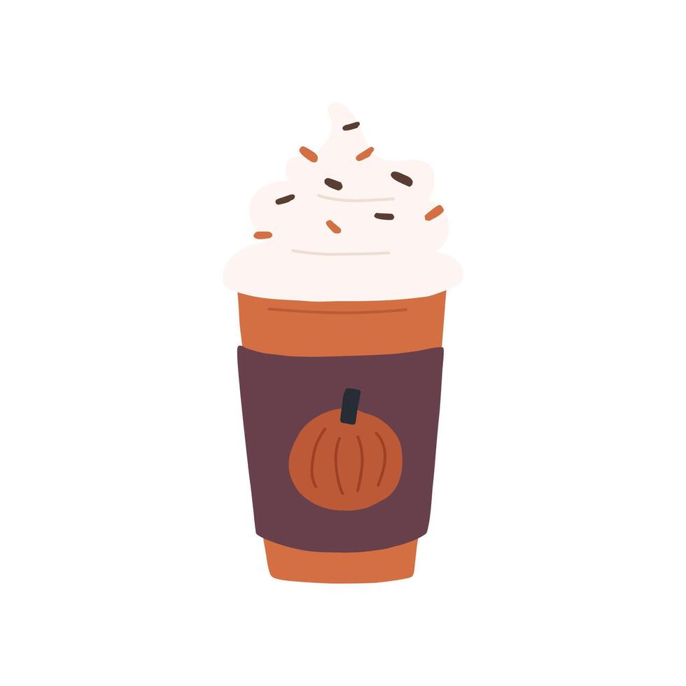 Pumpkin spice latte with whipping cream in to go mug, cartoon flat illustration isolated on white background. Cute hand drawn autumn coffee drink. vector