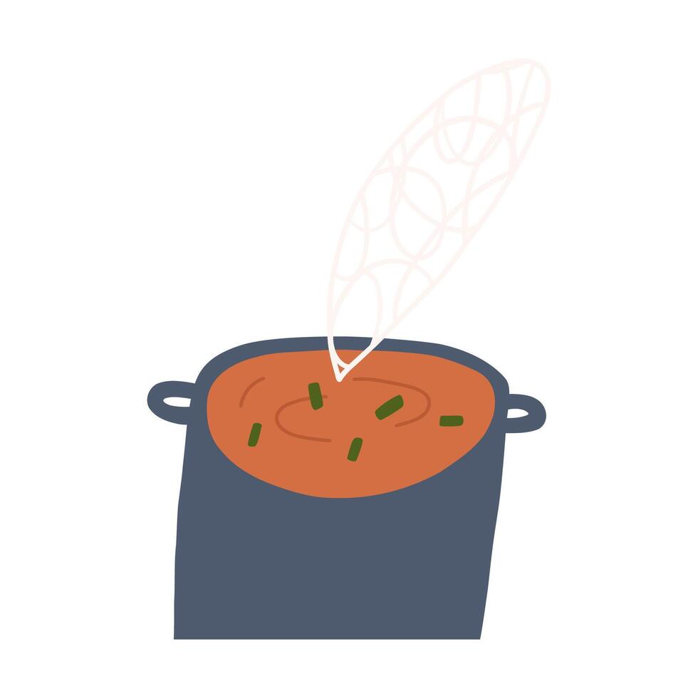 Pumpkin soup pot in cute cartoon flat style, illustration isolated on white background. Hand drawn cooking pot with soup. Concepts of cooking and healthy seasonal food. vector