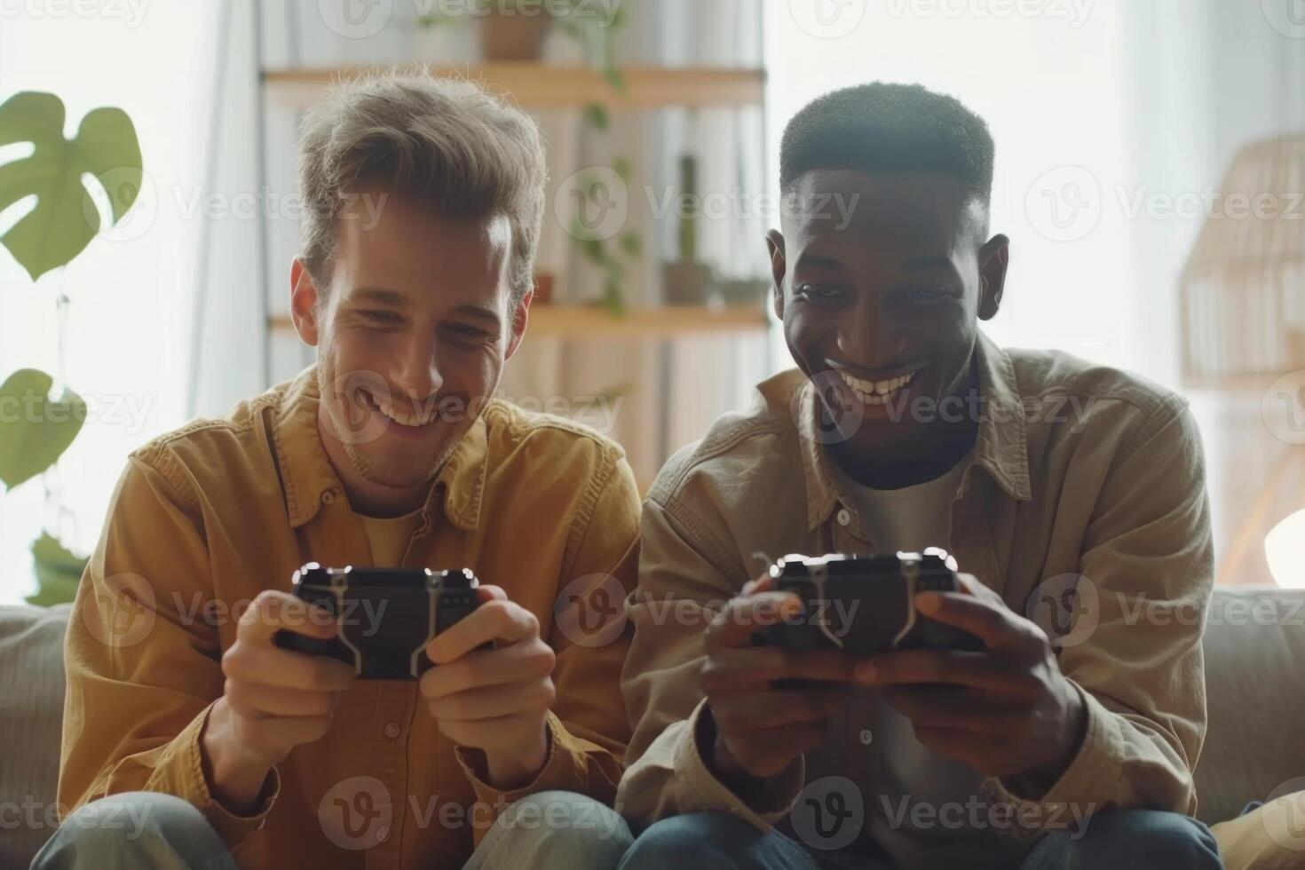 Happy friends playing console games enjoying free time team up tension free time activity friend competition colleagues break joystick sitting on couch sofa living room excited play photo